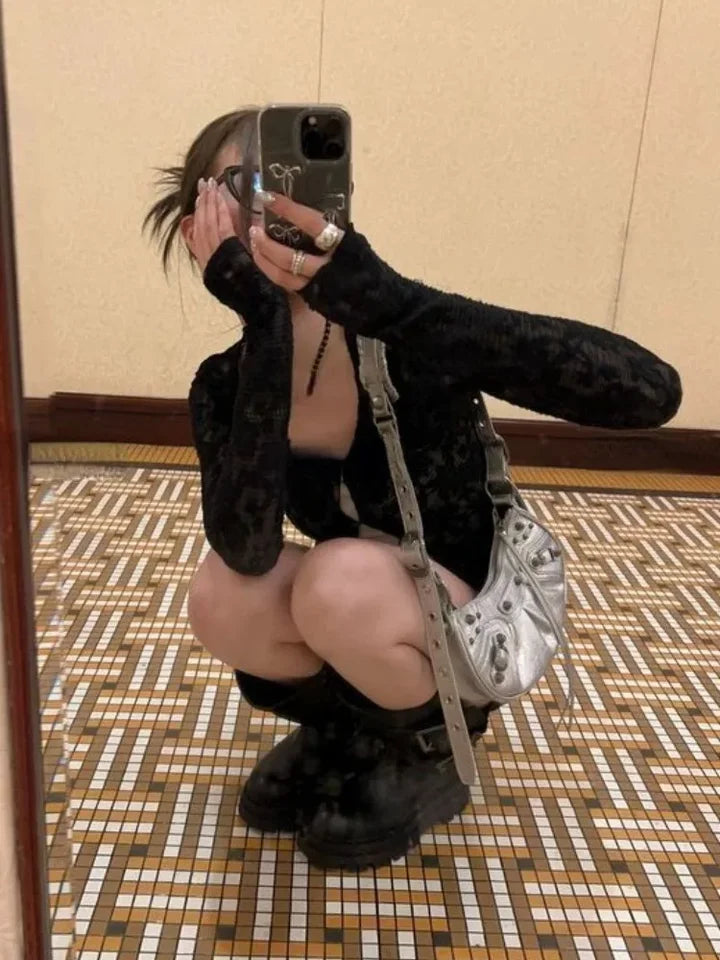 Y2k Aesthetic Lace Jacquard Women's Cardigan + Black Tank Top Harajuku Vintage 2set Japanese Grunge Fashion Pull Femme Mujer