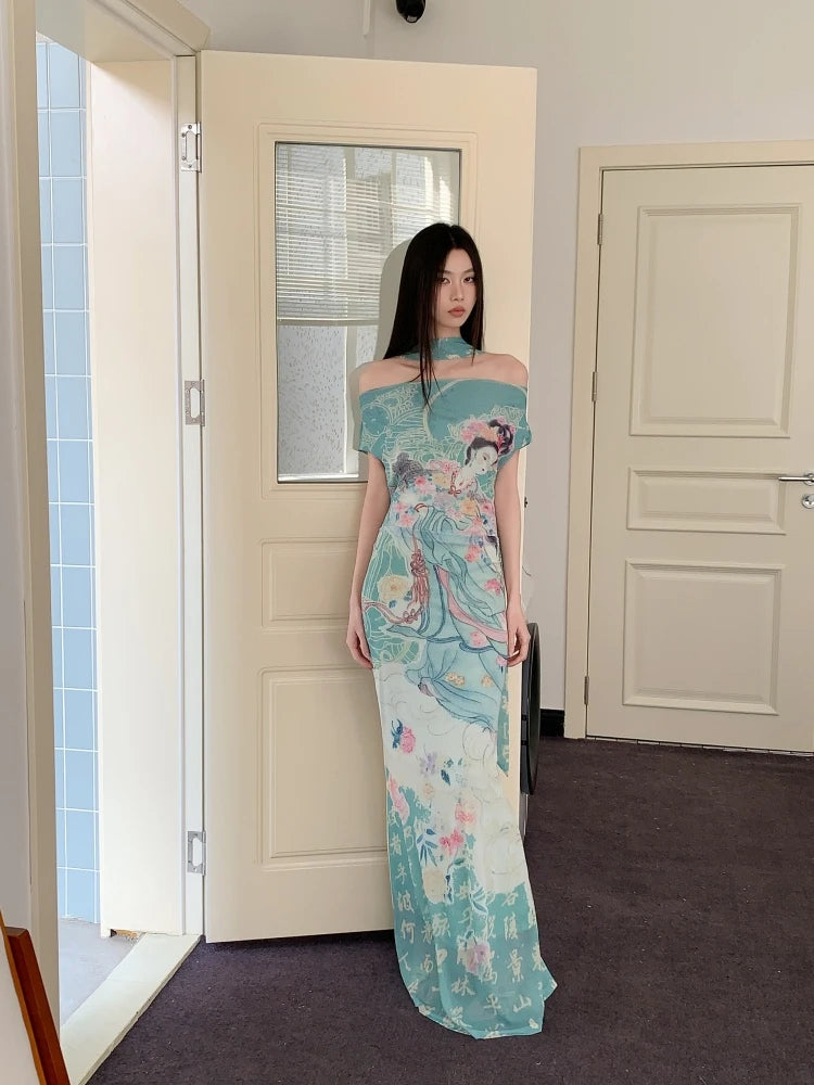 CHEERART Myth Fairy Print Vintage Off The Shoulder Maxi Dress Women Mesh Tunics Bodycon Long Dress 2025 Summer Fashion