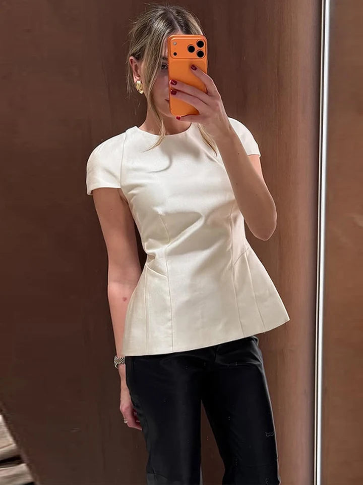 Vintage Women Satin Solid Tops O-neck Short Sleeve Waist Structured Hem Casual Top 2026 Chic All-match Retro Spring Summer Coat
