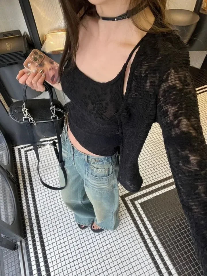 Y2k Aesthetic Lace Jacquard Women's Cardigan + Black Tank Top Harajuku Vintage 2set Japanese Grunge Fashion Pull Femme Mujer