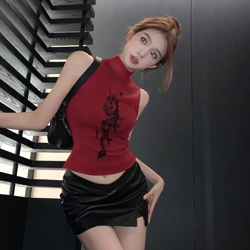 Women Summer Retro Print Turtleneck Tank Top Hotsweet Sleeveless Slim Camisole Red Color
