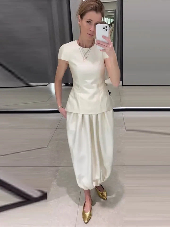 Vintage Women Satin Solid Tops O-neck Short Sleeve Waist Structured Hem Casual Top 2026 Chic All-match Retro Spring Summer Coat