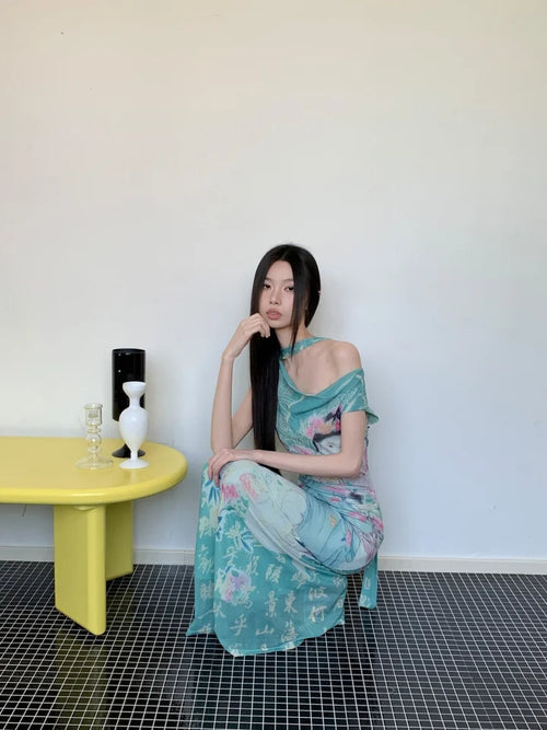 CHEERART Myth Fairy Print Vintage Off The Shoulder Maxi Dress Women Mesh Tunics Bodycon Long Dress 2025 Summer Fashion