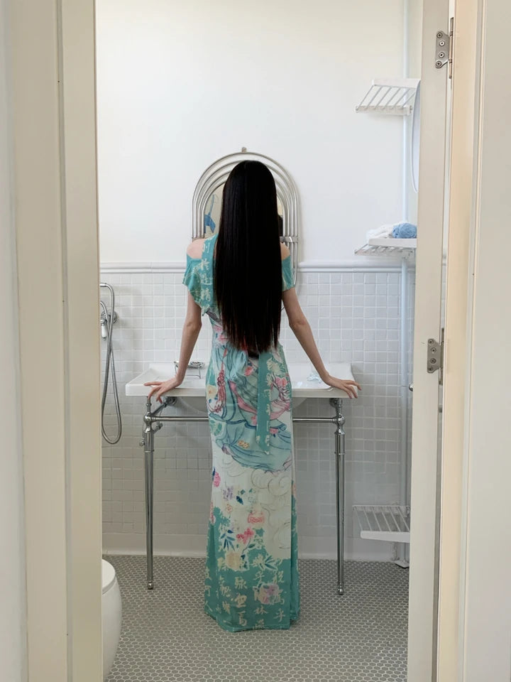 CHEERART Myth Fairy Print Vintage Off The Shoulder Maxi Dress Women Mesh Tunics Bodycon Long Dress 2025 Summer Fashion