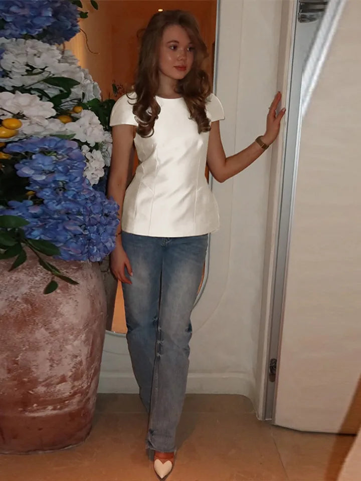 Vintage Women Satin Solid Tops O-neck Short Sleeve Waist Structured Hem Casual Top 2026 Chic All-match Retro Spring Summer Coat