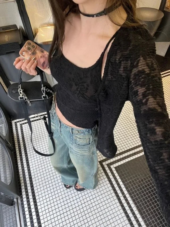 Y2k Aesthetic Lace Jacquard Women's Cardigan + Black Tank Top Harajuku Vintage 2set Japanese Grunge Fashion Pull Femme Mujer