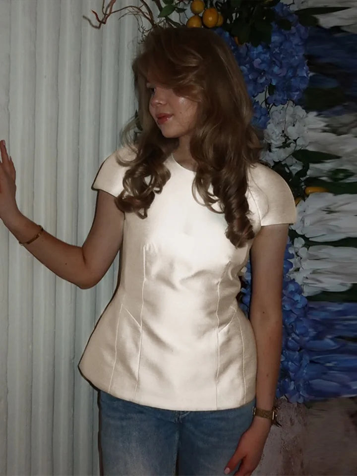 Vintage Women Satin Solid Tops O-neck Short Sleeve Waist Structured Hem Casual Top 2026 Chic All-match Retro Spring Summer Coat